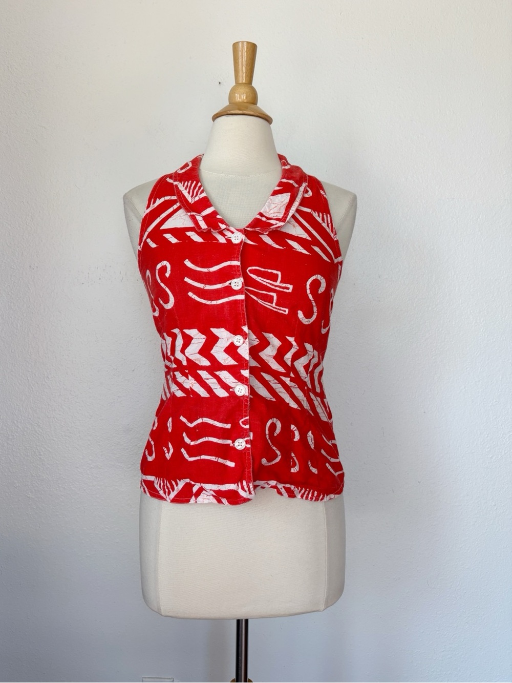 Vintage Boho 100% Cotton Red Printed Button-Front Sleeveless Top